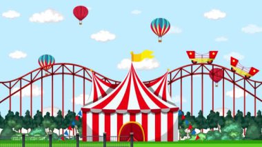 Lunapark trenleri ve sıcak hava balonları olan animasyon karnavalı..