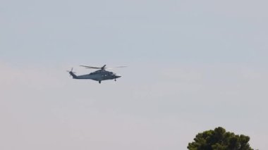 Monte Carlo 'da ağaçların üzerinden bir helikopter uçuyor.
