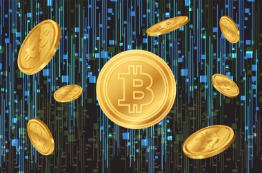 Dijital arkaplanda yüzen altın bitsikkeler