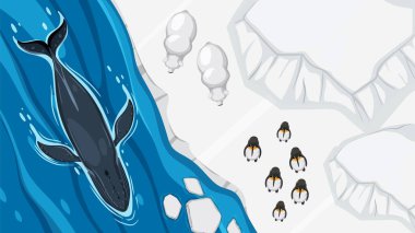Buzlu yaşam alanındaki penguen ve balina manzarası