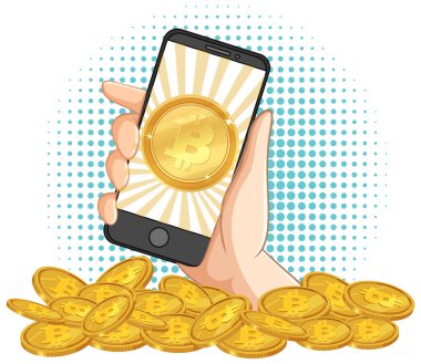 Bitcoin sembollü el ele tutuşan akıllı telefon