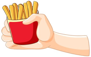 Kırmızı bir kap patates kızartması tutan bir el.