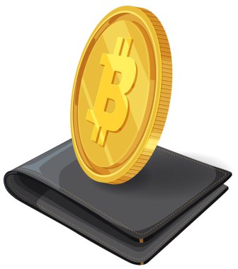 Dijital cüzdan illüstrasyonunun üzerinde Bitcoin para