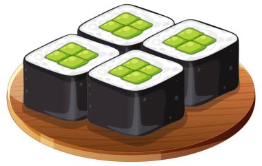 Dört suşi rulosu düzgün bir şekilde bir tabakta dizilmiş.