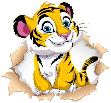 Cute tiger cub peeking through torn paper clipart