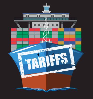 Konteynırlar üzerinde tarifeli metni olan kargo gemisi