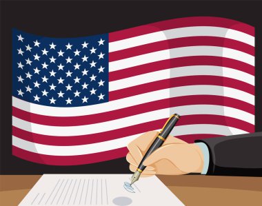 Amerikan bayrağı arka planında elle imzalama belgesi