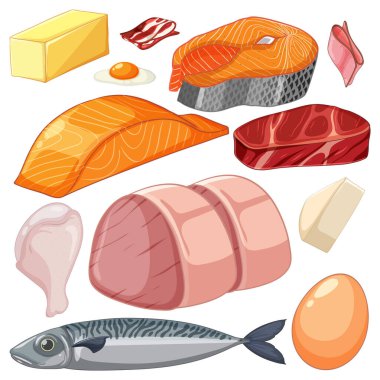 Vektör biçiminde et ve deniz ürünleri çeşitliliği