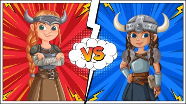 İki Viking savaşçısı karikatür stilinde kapışıyor.