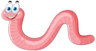 Gülen pembe çizgi film solucanı beyaz arkaplanda izole edilmiş.