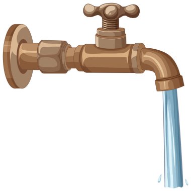 Akan su, gerçekçi dokular ve sıcak renk tonlarını gösteren eski bir pirinç musluğun ayrıntılı vektör çizimi