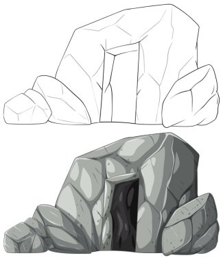 Bir taş mağara girişinin detaylı vektör çizimi, hem çizgi hem de gerçekçi dokulara sahip renkli versiyonları sergiliyor.