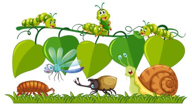 Canlı bir bahçede yaprakların üzerinde renkli böcekler