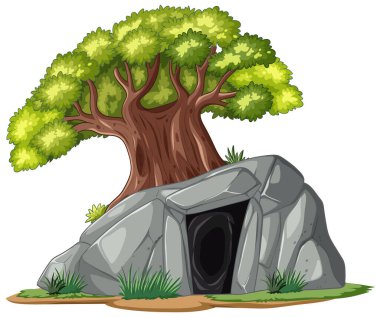 Kayalık bir mağaranın tepesinde verimli bir ağaç içeren canlı bir vektör çizimi doğanın ahengi ve dengesini gözler önüne seriyor.
