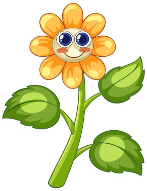 Gülen yüzü ve parlak yeşil yaprakları olan neşeli çizgi film çiçekleri.