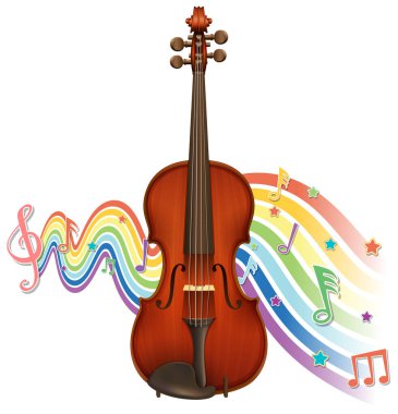 Canlı müzik notaları ve gökkuşağı dalgalarıyla keman