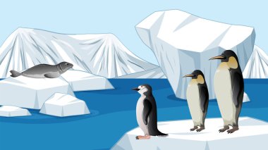 Kutup bölgesindeki buzdağlarının üzerinde penguenler ve foklar