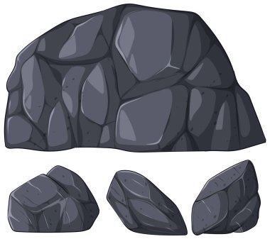 Dijital tasarım projeleri için ideal, pürüzsüz, açısal şekiller ve koyu gri tonlardan oluşan stilize kaya çizimleri koleksiyonu