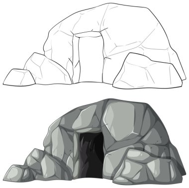 Detailed vector illustration of a rocky cave, showcasing both line art and colored versions. Ideal for educational and creative projects clipart