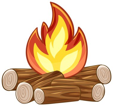 Ahşap kütükler üzerinde yanan parlak bir kamp ateşinin vektör çizimi