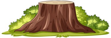 Yeşil çalılarla çevrili bir ağaç kütüğü.