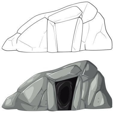 Taştan bir mağaranın detaylı vektör çizimi, hem dış hatları hem de renkli versiyonları gösteriliyor. Eğitici ve yaratıcı projeler için ideal