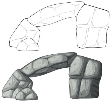 Gölgeleme ve çizgi sanatı olan, doğal kaya dokuları ve yapısı sergilenen bir taş kemerinin ayrıntılı vektör çizimi