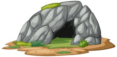 Çimen ve yosunlu kayalık bir mağara girişinin doğal ve dünyevi bir renk paleti içeren vektör çizimi