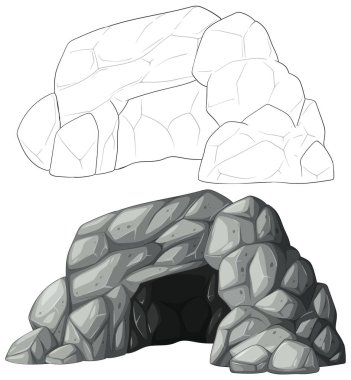 Çizgi sanatı ve renkli versiyonları olan kayalık bir mağaranın detaylı vektör çizimi, görüntü dokusu ve gölgeleme teknikleri