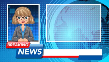 Canlı renkler ve dinamik kompozisyona sahip, modern yayın düzeni ile bir haber sunucusunun vektör illüstrasyonu