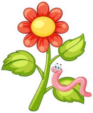 Mutlu solucan renkli çiçek açan vektör çizimine tırmanıyor.