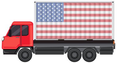 Amerikan bayrağı taşıyan bir konteynır taşıyan kırmızı kamyon.