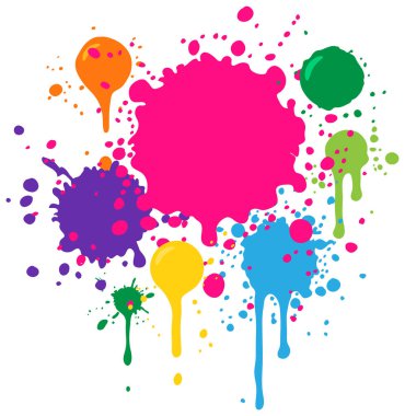 Renkli boya lekeleri içeren dinamik vektör çizimi. Canlı renkler ve soyut tasarım elementleriyle kalın kompozisyon