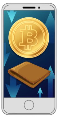 Arkaplanda ok olan akıllı telefon üzerinde bitcoin ve cüzdan