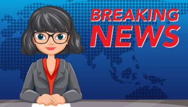 Gözlüklü bir haber sunucusunun vektör illüstrasyonu, dünya haritası arkaplanına karşı ayarlanmış, koyu renkler ve temiz çizgilerle