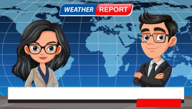 Canlandırılmış haber sunucularının sunucu illüstrasyonu dünya haritası arkaplanlı bir hava durumu sunuyor. Parlak renkler ve profesyonel biçim