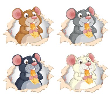 Dört fare memnuniyetle peynir parçalarını kemiriyor.