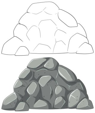 Çizgi film stili bir kaya yığınının basit şekiller ve gölgelerle sergilenen ana hatlı ve renkli versiyonlarının vektör çizimi