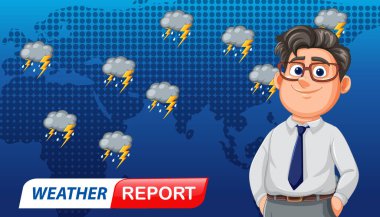 Fırtına bulutları ve yıldırım simgelerinin yer aldığı küresel harita geçmişi olan bir hava durumu spikerinin vektör çizimi