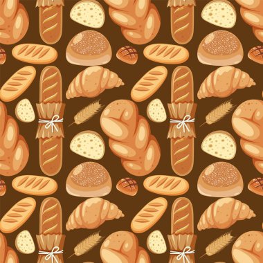 Kusursuz bir vektör deseninde sıralanmış çeşitli ekmekler