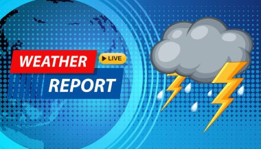 Canlı hava durumu temasını içeren vektör illüstrasyonunda fırtına bulutları ve şimşekler, canlı mavi tonlar ve dijital elementler kullanılıyor