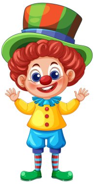 Neşeli bir ifade ve kaprisli bir tasarıma sahip parlak renkleri ve neşeli kıyafetleri olan bir palyaçonun canlı vektör çizimi