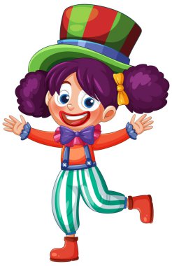 Neşeli palyaço çizimi canlı renkler, neşeli bir ifade ve kaprisli bir kıyafet. Çocukların içeriği ve festival temaları için ideal