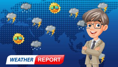 Küresel hava haritası olan bir karikatür meteorolojistinin sunduğu vektör illüstrasyonu fırtınalı ve güneşli koşulları gösteriyor