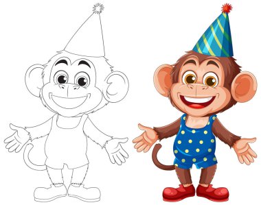 Puantiyeli kıyafet ve parti şapkası giyen, canlı renkler ve neşeli bir stil sergileyen gülümseyen bir maymunun vektör çizimi