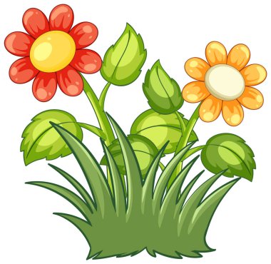 Yeşil yapraklı ve çimenli kırmızı ve turuncu çiçeklerin parlak vektör çizimi, çizgi film tarzında