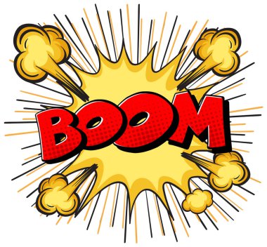 Canlı renkleri ve kırmızı ile kalın 'BOOM' metni olan çizgi roman tarzı bir patlamanın dinamik vektör çizimi
