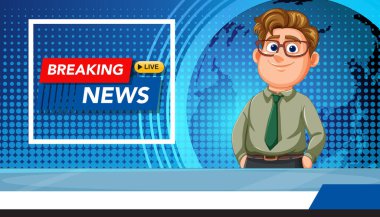 Canlı renkler ve modern tasarım içeren bir stüdyo ortamında haber sunucusunun vektör illüstrasyonu