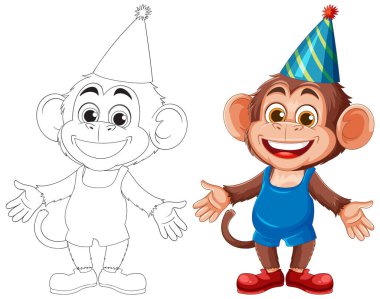 Parti şapkası takan, canlı renkler ve oyuncu tasarım unsurları sergileyen gülümseyen bir maymunun vektör çizimi