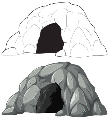 İki taş mağaranın vektör çizimi, farklı dokular ve gölgeler sergiliyor. Eğitici ve yaratıcı projeler için ideal